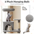 Tangkula 58 Inch Cat Tree Tower, Multi-Level Cat Tower with Sisal Scratching Posts, Padded Top Perch, Condo & Hammock, 3 Hanging Balls, Jumping Platforms for Indoor Cats (Light Gray)
