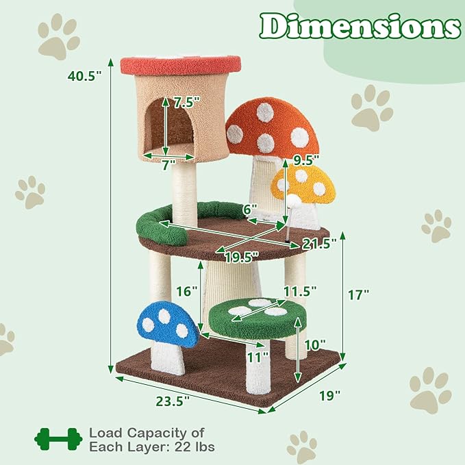 Mushroom Cat Tree, Multi-Layer Cat Tower with 2 Condos & Platforms, Cat Activity Center with Full-Wrapped Sisal Posts, Sisal Scratching Boards & Interactive Balls for Indoors (40.5")