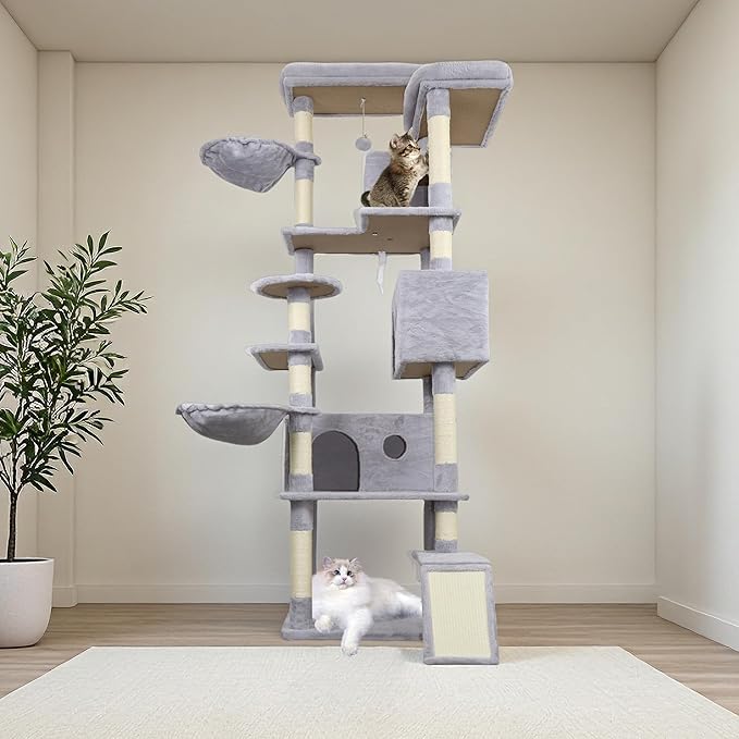 84.6 Inch Tall Cat Tree Tower with Large Base - 3 Condos, 11 Sisal Posts, 2 Hammocks & Interactive Toys, Multi-Level Cat Furniture for Multiple Cats, Durable Cat Climber (Light Gray, 84.6in)