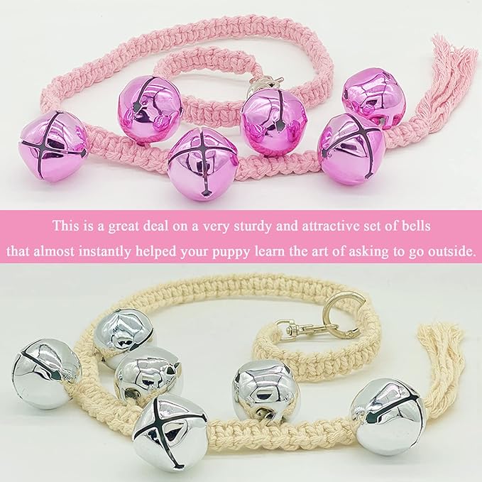 Dog Hanging Doorbells| Extra Loud Dog Potty Training Bells| Adjustable Durable Braided Rope Door Bell for Dogs to Ring to Go Outside(Silver+Pink)