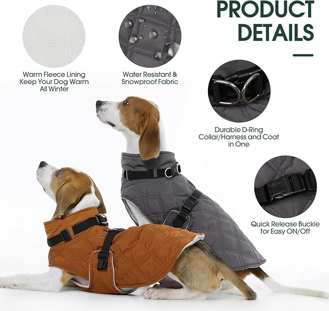 Kuoser Dog Coat Warm Fleece Lining Turtleneck Dog Jacket with Harness Built-in, Windproof Cold Weather Coats with Quick Release Buckle Pet Winter Snowsuit for Extra Large Dogs Great Dane, Grey 3XL