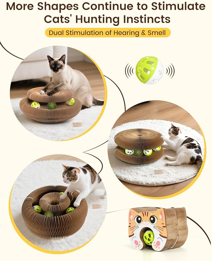 2PCS Upgraded-Magnetic Kitty Kurls Cat Scratcher Toy, Interactive Cardboard Cat Toy for Mental Physical Exercise, Multi-Shape Magic Organ Cat Toy for Indoor Cats Infinite-Flip, Brown/Orange, M