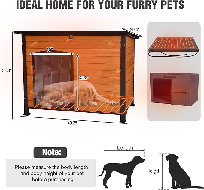 43.3'' Large Heated Outdoor Dog House Weatherproof with Anti-bite Metal Frame, Insulated Dog Kennel with Heating Pad for Outside, Dog Shelter for Small to Large Dogs (Brown)