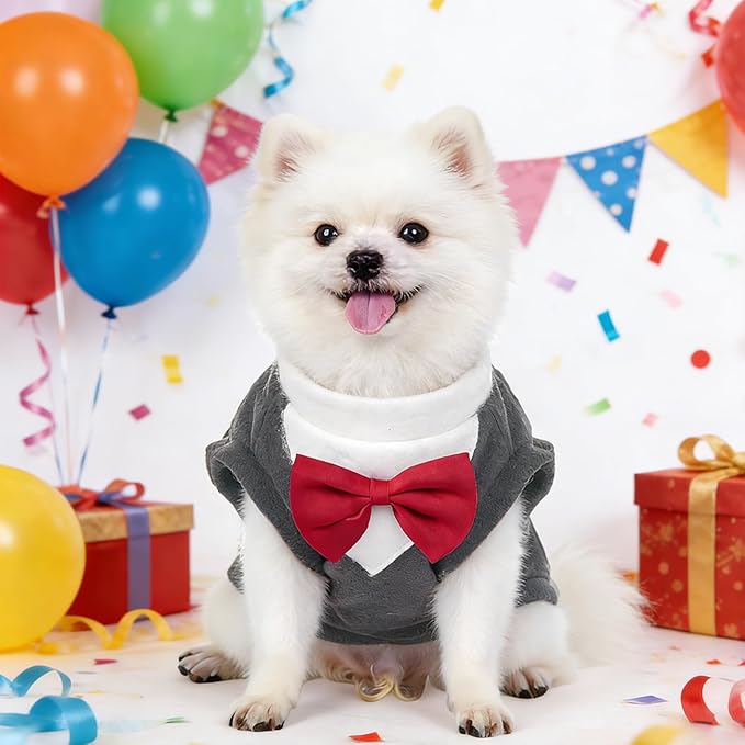 Dog Suit with Bow Tie Pet Tuxedo for Small Medium Dogs Cats Formal Clothes Puppy Outfits for Halloween Wedding Birthday (Grey, Large)