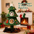 COMHOMA Christmas Cat Tree with 2 Cozy Houses,52" Holiday Cat Tower with Anti-Tip Safety,Festive Indoor Cat Climbing Furniture with Dangling Balls,Cat House and Climbing Tower for Kittens