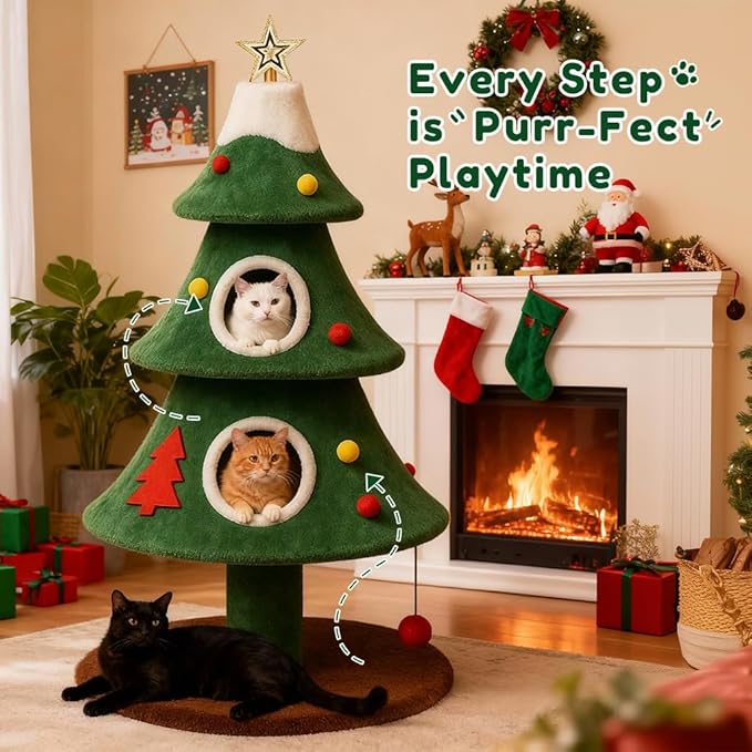 COMHOMA Christmas Cat Tree with 2 Cozy Houses,52" Holiday Cat Tower with Anti-Tip Safety,Festive Indoor Cat Climbing Furniture with Dangling Balls,Cat House and Climbing Tower for Kittens