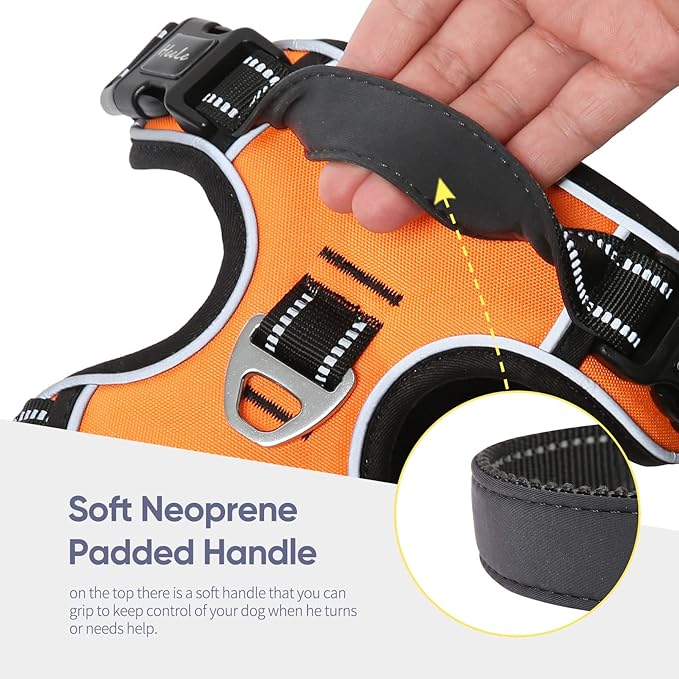 HEELE Dog Harness, No Pull Adjustable Padded Reflective Harness for Small Medium Large Dogs with Handle for Walking Training, Orange, L