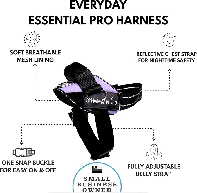 ShawnCo Essential Pro Dog Harness, No-Pull Pet Vest with 3 Leash Clips and Removable, Reflective Side Patches, Adjustable and Padded Harness for Small, Medium and Large Dogs (ICY Lilac, XL)