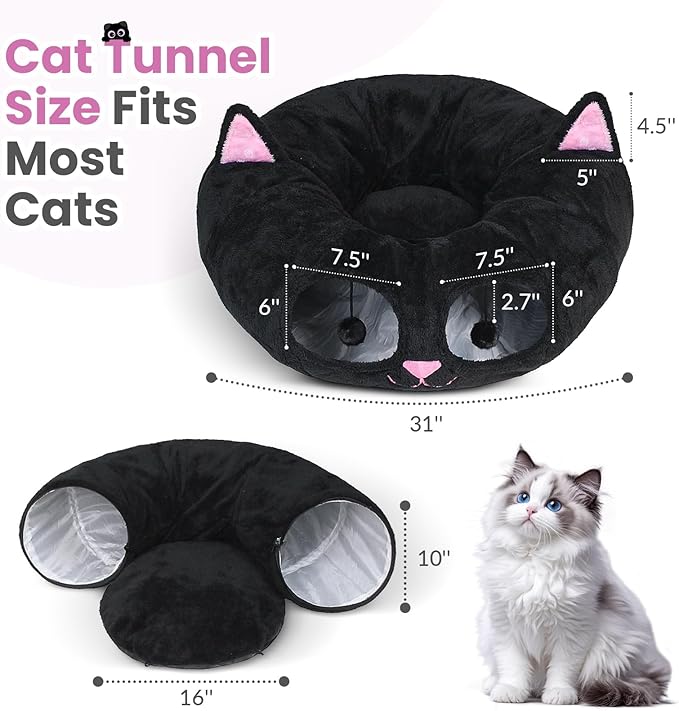 Baseola Cat Tunnel Bed for Indoor Cats, Peekaboo Cat Cave with Washable Soft Play Mat, Furry Cat Tube, for Kitten/Puppy/Rabbit, Kitten Series Black Pink