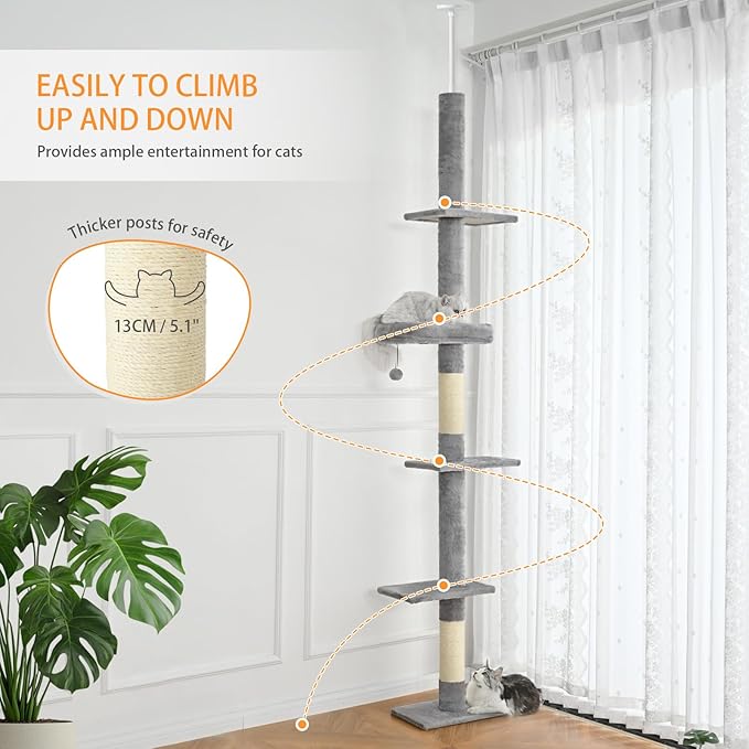 Floor to Ceiling Cat Tree, Cat Tower with Adjustable Height 98-110 Inches, 5 Tiers Tall Cat Tree Floor to Ceiling with Cozy Bed,Platforms, Sisal Scratching Posts for Cats, Soft Gray