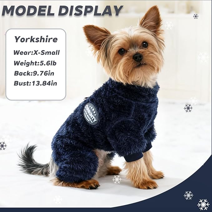 Fleece Dog Pajamas Winter Warm Dog Sweater for Small Dogs Thermal Soft Puppy Pjs Coat Stretchy Jumpsuit Doggie Pet Clothes Outfits Cat Apparel (Navy Blue, Small)