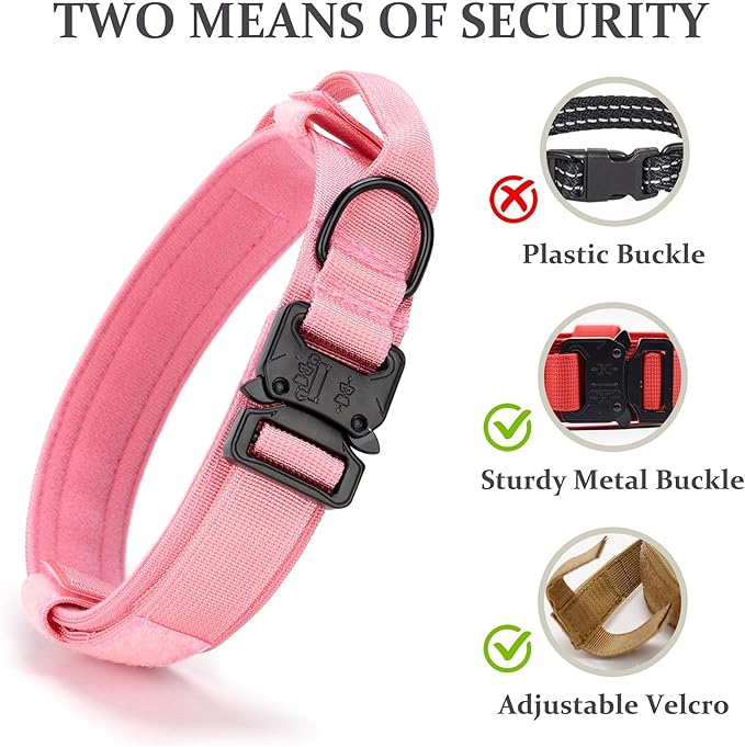 Tactical Dog Collar, Adjustable Military Training Nylon Dog Collar with Control Handle and Heavy Quick-Release Metal Buckle for Small Medium Large Dogs, Light Pink S