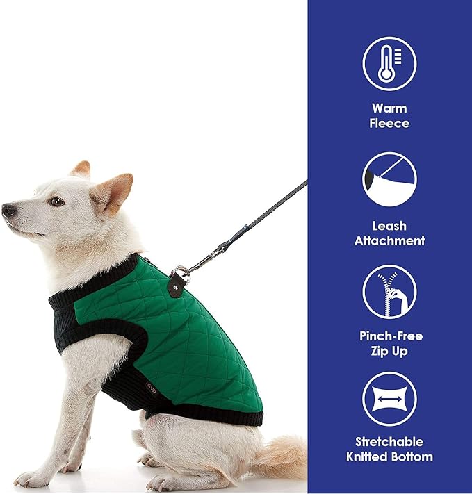Gooby Fashion Vest Dog Jacket - Green, X-Large - Warm Zip Up Bomber Vest with Dual D Ring Leash - Winter Water Resistant Sweater - Dog Clothes for Small or Medium
