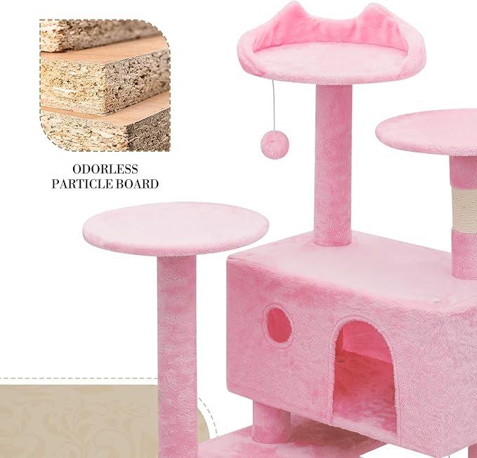 Athena Collection Modern Cat Tree Tower, 77 Inch Tall Cat Tree Climbing Tower with Scratching Post 2 Condo Multi-Level Activity Center and Playing Ball for Indoor Large Adult, Pink