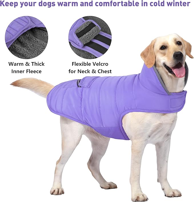 Dog Coat, Waterproof Dog Winter Jacket with Pocket, Reflective Adjustable Pet Snow Vest, Warm Cozy Fleece Sweater for Small Medium Extra Large Dogs - Light Purple, S