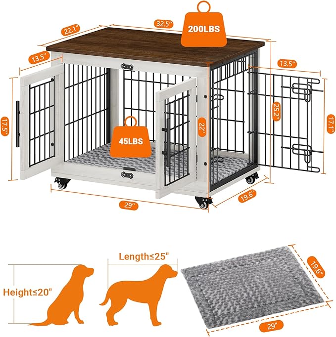 Dog Crate Furniture with Cushion Set of 2, Wooden Dog Kennel Indoor with Double Doors, Dog Cage with Wheels, Dog House Side End Table for Small Medium Dogs up to 45 lb, 32.5" L, White