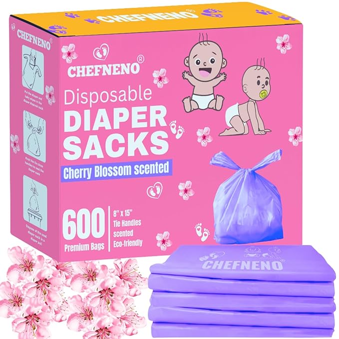 Disposable Diaper Bags (600 ct.) Cherry Blossom Scented Easy Tie Handles Scented Bulk Diaper Sacks Disposable Dog Cat Waste Bags (Cherry Blossom, 600 Bags)