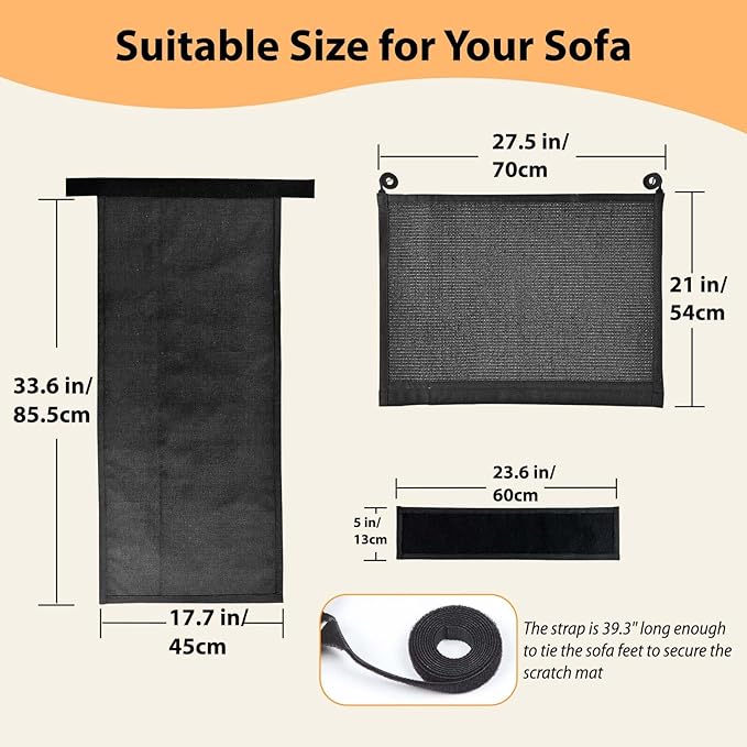 Couch Protector from Cat Claws - Cat Scratch Sofa Protector Universal Fit on Both Arm Sides with Black Sisal Pad for Leather and Fabric Sofa,27.5 * 19.7 inch Expanded Coverage Sisal Area(Black)