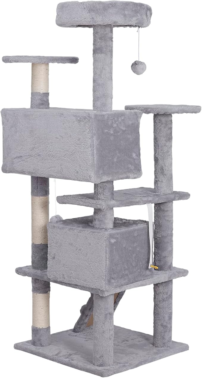 55 inches Heavy Duty Multi-Level Cat Tree Tower with Condo Furniture & Scratching Posts for Kittens Play Rest (Light Grey)