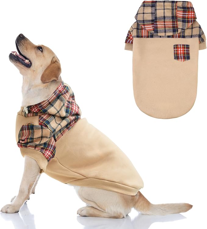 Plaid Dog Hoodie - Warm Sweatshirt with Hat & Leash Hole, Soft Fleece Pullover for Small to Large Dogs