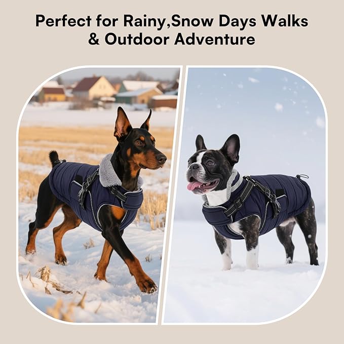 Queenmore Winter Dog Jackets for Large Dogs XXL, Waterproof Winter Coat for Extra Large Pitbull Danes, Warm Puffer Snow Jacket for Cold Weather - Fleece Lining Hook & Loop Closure Reflective, Navy