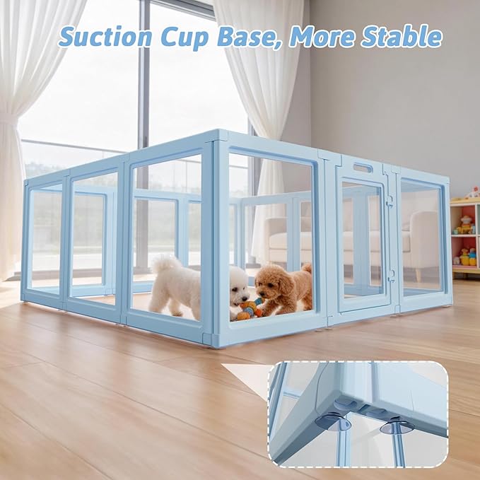 DIY Clear Acrylic Dog Playpen House,Quick Easy Assembly and Disassembly,Strong Floor Suction,Indoor and Outdoor Use,Easy Cleansing Puppy Fence (Sky Blue, 23.6" H, 12PCS)