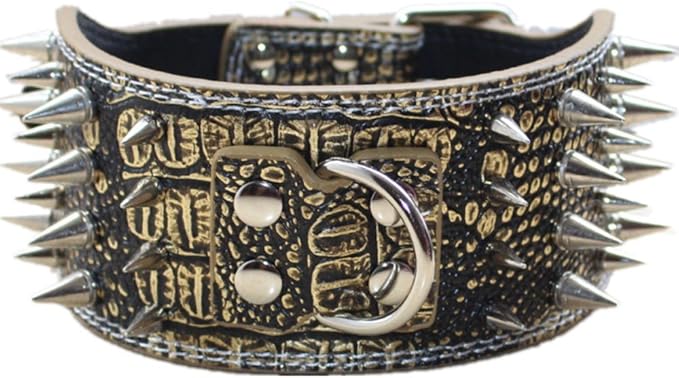 Studded Dog Collar, 3" Sharp Spiked Leather Dog Collar fit Training,Sports,Walking,Medium,Large,X-Large,for Pitbull,Labrador,Boxer (M:17-20 inch, Gold Brown)