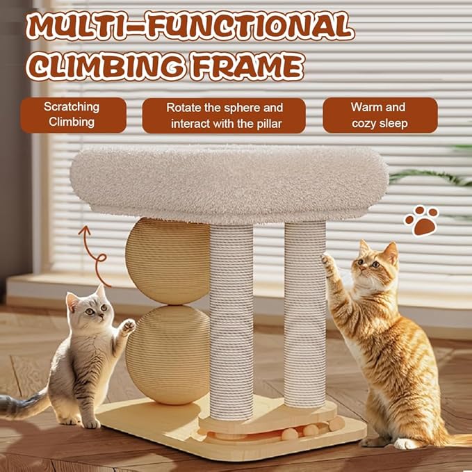 3-in-1 Small Cat Tree Tower, Small Cat Tower and Perch Bed, 16.5Inch Tall Cat Tree with 3 Sisal Scratching Posts and Ball Track Toy for Kittens and Indoor Cats