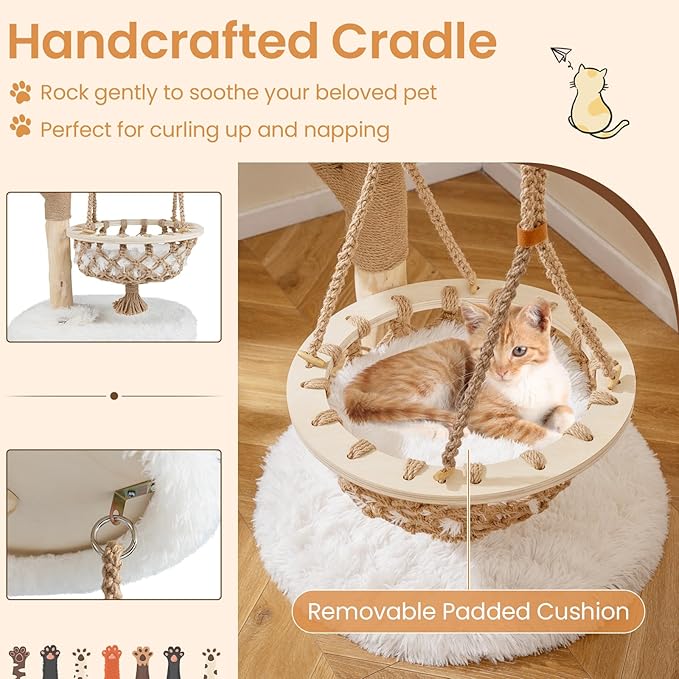 Tangkula Solid Wood Cat Tree, 48.5” Natural Branch Modern Cat Tower with Luxury Hanging Cradle, Jute Scratching Post, Top Perch, Padded Platform, Soft Long Plush, Boho Cat Tree for Indoor Kittens