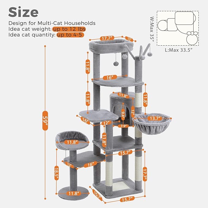 Large Cat Tree for Indoor Cats, 59" Tall Cat Tower with 3 Removable Pompom Sticks, Spacious Condo, Large Hammock and Scratching Posts, Sturdy Play House for Large Cats, Grey