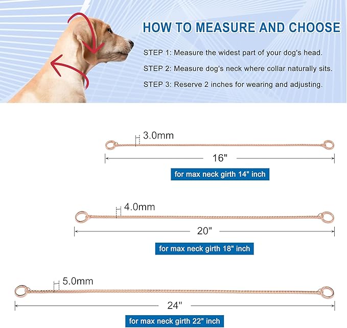 Mogoko Stainless Steel Dog Choke Chain Collar, Puppy Metal Snake Chain Pet Show Slip Collar Choker for Training Walking (Rose Gold;16.0"*3.0mm)