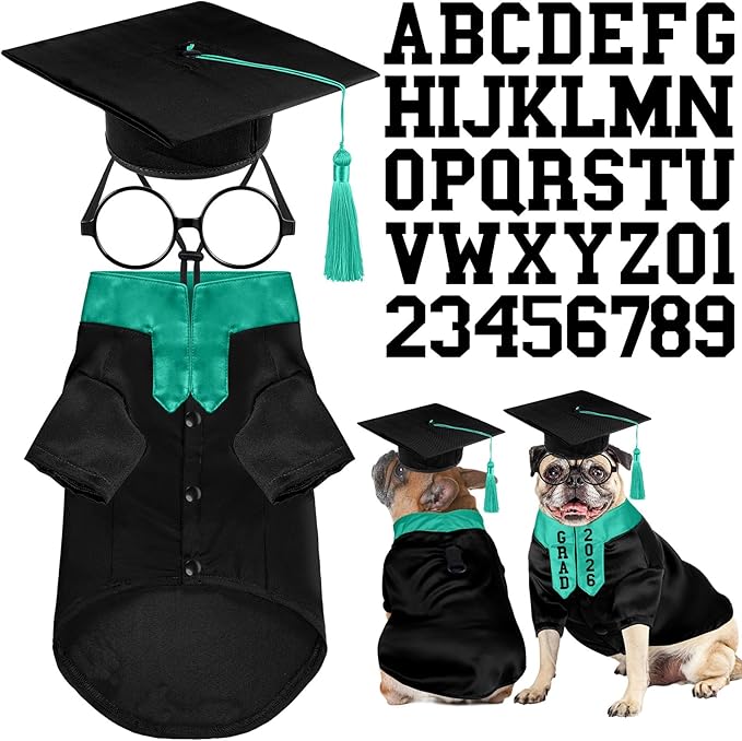 5 Pcs Dog Graduation Costume Set Include 2026 Pet Graduation Gown with Stole Puppy Grad Cap Lensless Glasses DIY Letter Stickers for Dogs Cats Holiday Costume Accessory(Black Green,M)