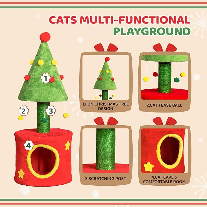 VINGLI 30IN Christmas Cat Scratching Post with Cat House, Small Cat Tree Tower for Indoor Kitten, Sisal Covered Post with Hanging Plush Balls, Red & Green Holiday Cat Furniture