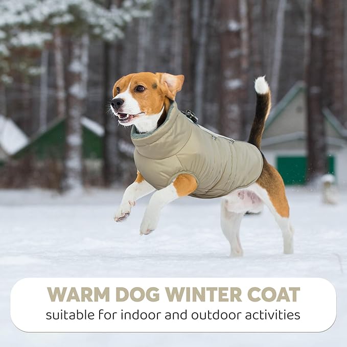 IDOMIK Warm Dog Coat with Harness, Waterproof Reflective Dog Jackets for Small Medium Large Dogs, Fleece High Collar Winter Jacket with Zipper, Pet Winter Snowsuit Clothes for Cold Weather,Khaki 2XL