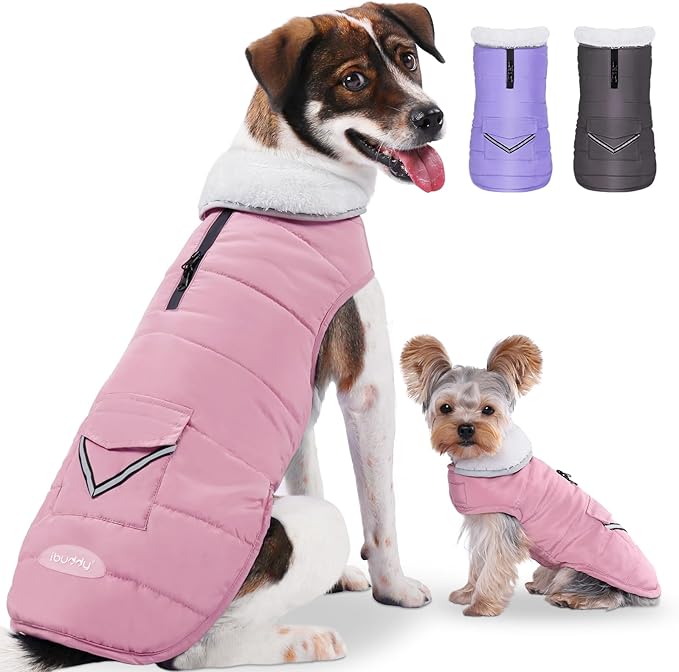 iBuddy Dog Winter Coat for Large Dogs, Easy on Dog Snow Coat Velcro Waterproof Pet Puffer Jacket with Harness Hole Adjustable Reflective Quilted Pet Cold Weather Vest Wind-Poof for Pitbull Boy Girl