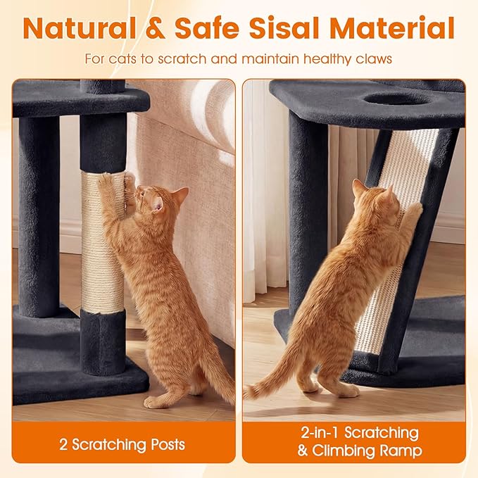 PETSITE 44-inch Multi-Level Cat Tree, Modern Cat Tower with Sisal Scratching Posts, Cozy Condo, Playful Cat Hole, Sisal Covered Ladder, and Dangling Ball, Ideal for Indoor Cats and Kittens (Dark Grey)
