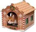 Furhaven Cardboard Cat House w/ Catnip for Indoor Cats, Ft. Scratching Pad & Hanging Toys - Decorated Gingerbread House Holiday Cat Scratcher Hideout - Christmas Print, One Size