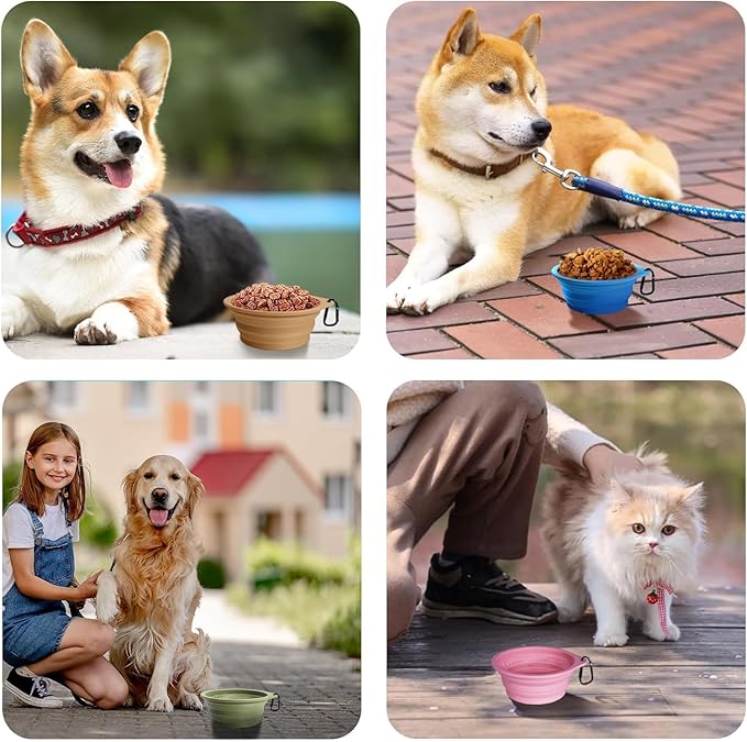 PetBonus 2-Pack Silicone Collapsible Dog Bowls, BPA Free Dishwasher Safe, Portable Foldable Expandable Travel Bowl, Food Water Feeding Cup Dish for Dogs Cats with 2 Carabiners (Green, Orange)
