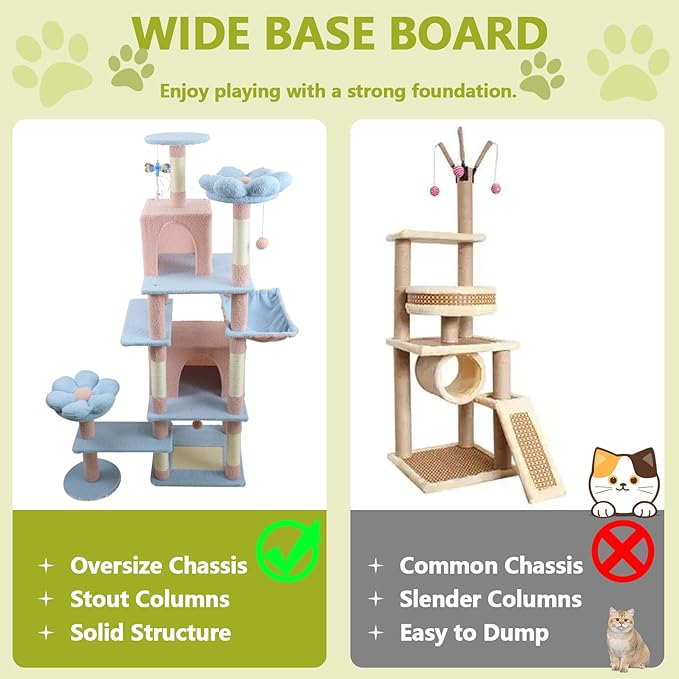 71 inch Flower Cat Tree, Multi-Level Cat Tower with Large Condo Removable Flower Cushion and Hammock, Tall Cat Tree for Indoor Large Cats Climbing, Scratching, and Play (Blue)