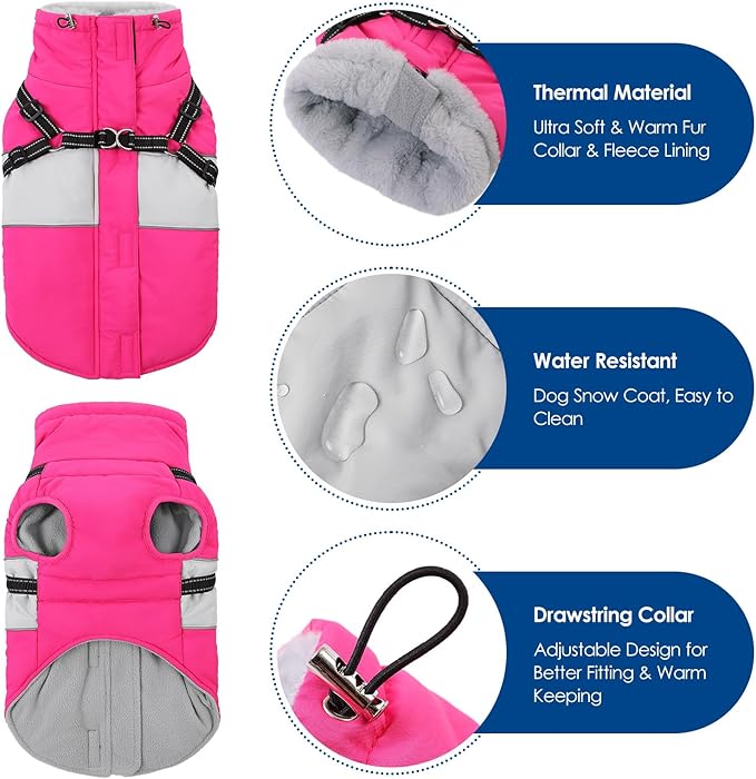 KOESON Dog Winter Coat, Waterproof Dog Jacket with Harness Built in, Warm Windproof Cold Weather Coat for Small Dogs, Reflective Pet Fleece Vest Zip-Up with Fur Collar, Hot Pink XS