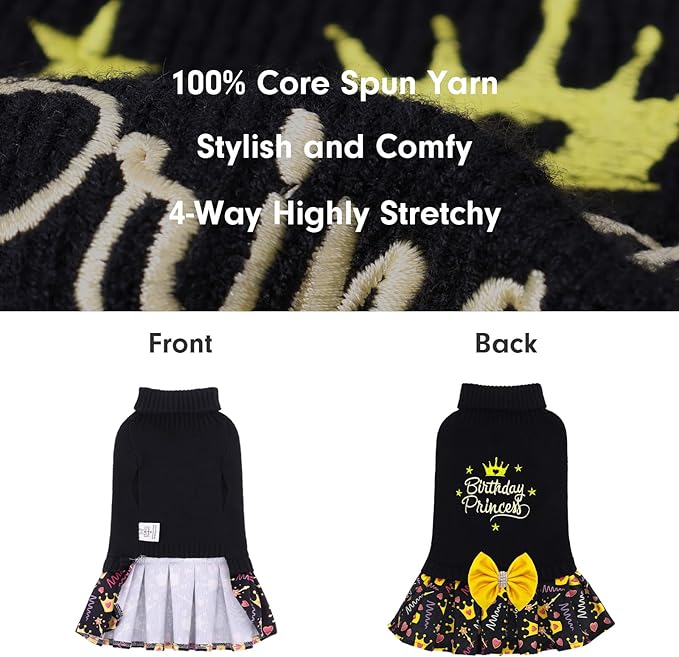 CuteBone Core Spun Birthday Dog Sweater Dress for Small Dogs Girl, Turtleneck Embroidery Medium Dog Sweater with Leash Hole, Dog Coat for Chihuahua Yorkie Teacup DS105L