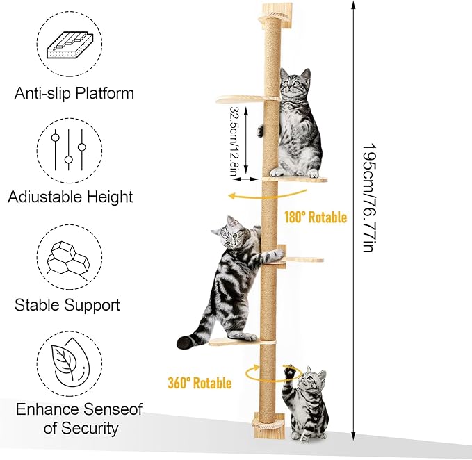 76.8" Tall Cat Tree, Floor to Ceiling Cat Tower, Wall-Mounted Cat Tree Scratching Tower, 5 Tiers Cat Climbing Tree with Scratching Post for Indoor Cats 1 Set