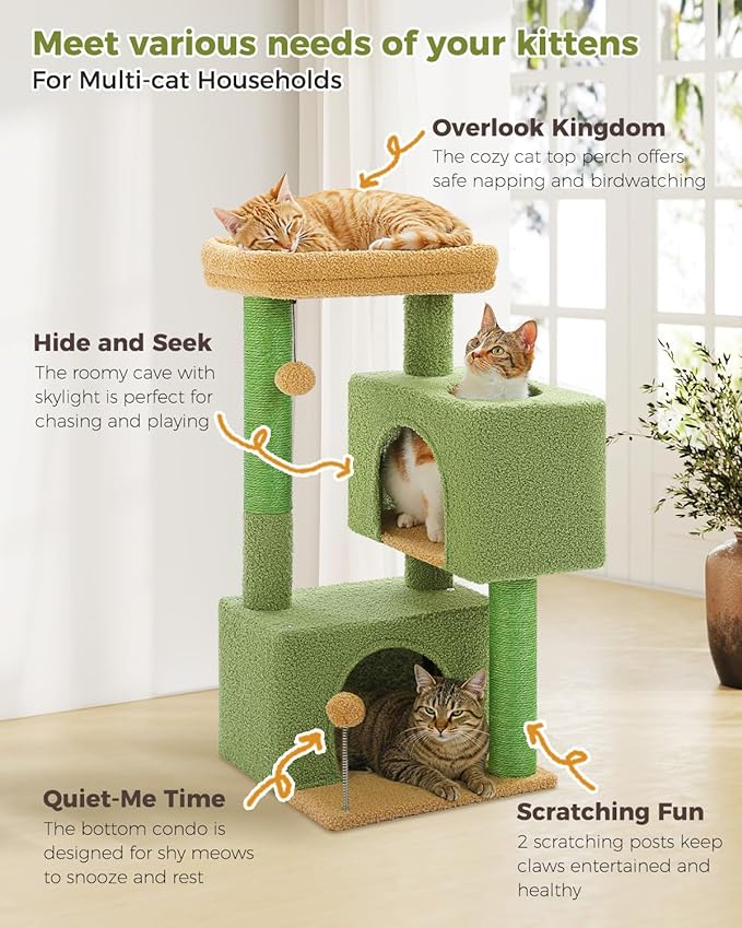 32" Cactus Cat Tree Tower for Indoor Cats - 2 Cozy Condos, Multi-Level Cat Scratching Posts with Sisal, Soft Padded Perch, 2 Dangling Toys, Green