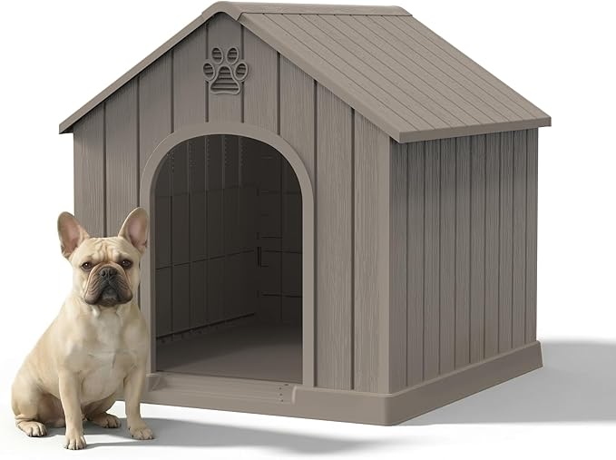 Small Dog House Indoor，Weatherproof Resin Outdoor Dog House with Elevated Floor and Air Vents, Medium Small Dog Kennel Outside (Light Grey, 26.26" L×24.57" W×25.83" H)