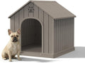 Small Dog House Indoor，Weatherproof Resin Outdoor Dog House with Elevated Floor and Air Vents, Medium Small Dog Kennel Outside (Light Grey, 26.26" L×24.57" W×25.83" H)