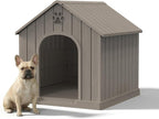 Small Dog House Indoor，Weatherproof Resin Outdoor Dog House with Elevated Floor and Air Vents, Medium Small Dog Kennel Outside (Light Grey, 26.26" L×24.57" W×25.83" H)