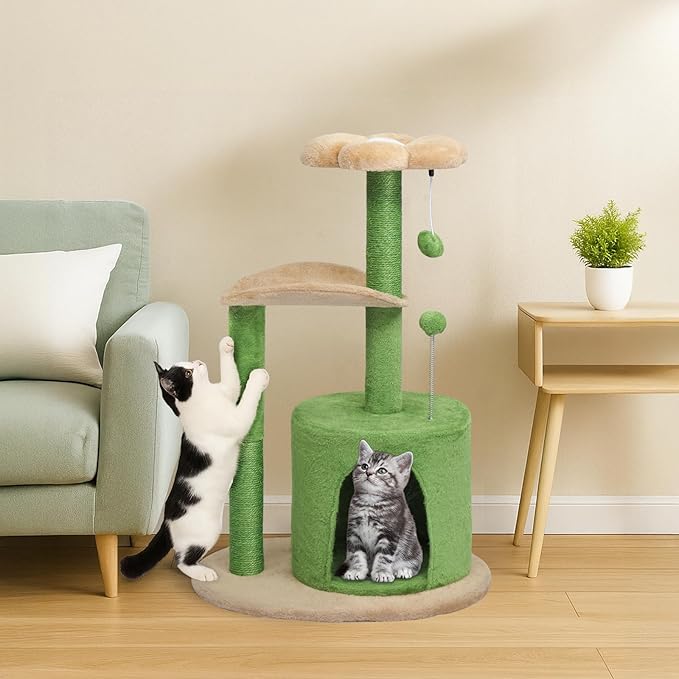 Outvita Cat Tree 33in Small Cat Tower, Multi-Level Cat Tree Tower with Cat Scratching Post and Curved Perch, Cozy Cat Condo, Padded Top Bed for Kittens and Indoor Cats, Beige & Green