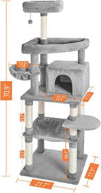 Catinsider 70.9 Inches Multi Level Cat Tree with Two Hammocks, Condo, Top Perch for Cats Light Gray