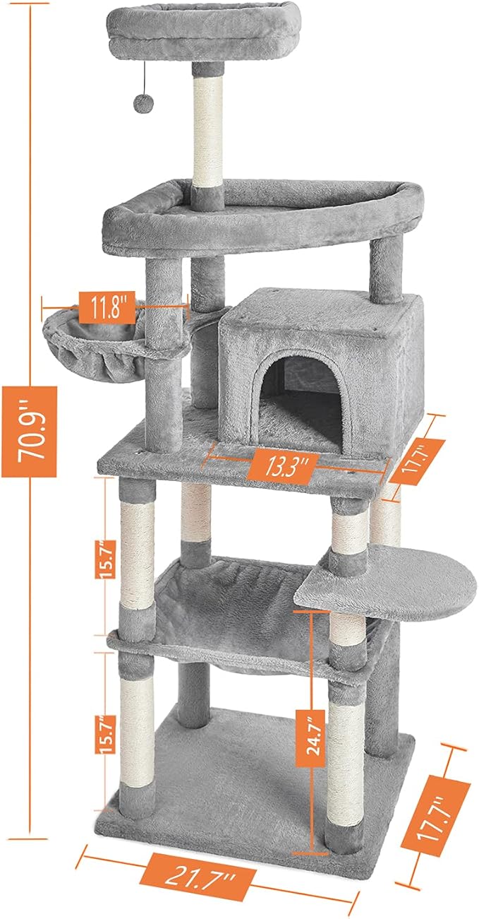 Catinsider 70.9 Inches Multi Level Cat Tree with Two Hammocks, Condo, Top Perch for Cats Light Gray