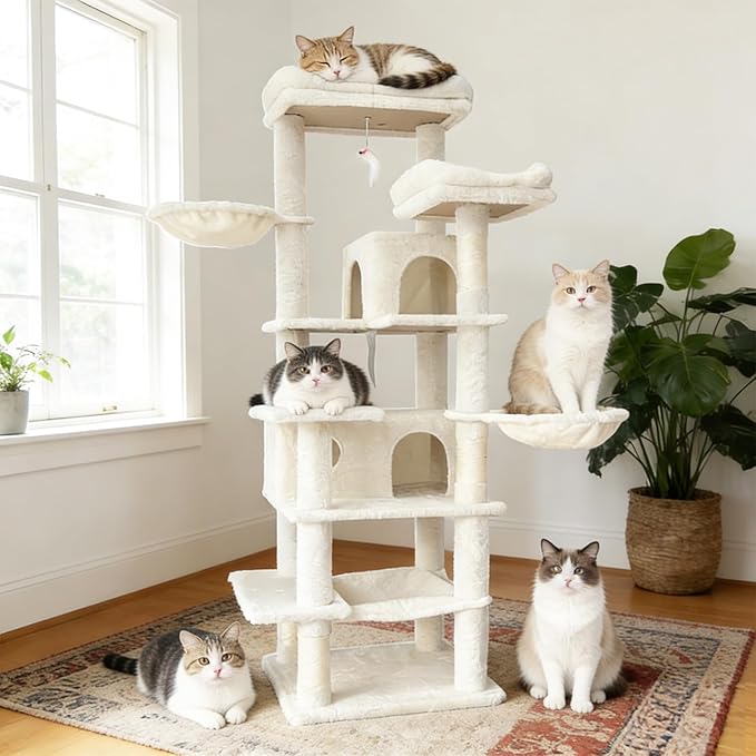 KAWHBET 68in Cat Tree,Cute Cat Tower Big Multi-Level Cat Tower for Large Cats with Removeable Cushion,Hammocks Sisal Scratching Posts,Condos,for to Play and Sleep Cat Tree for Indoor Cats (White)